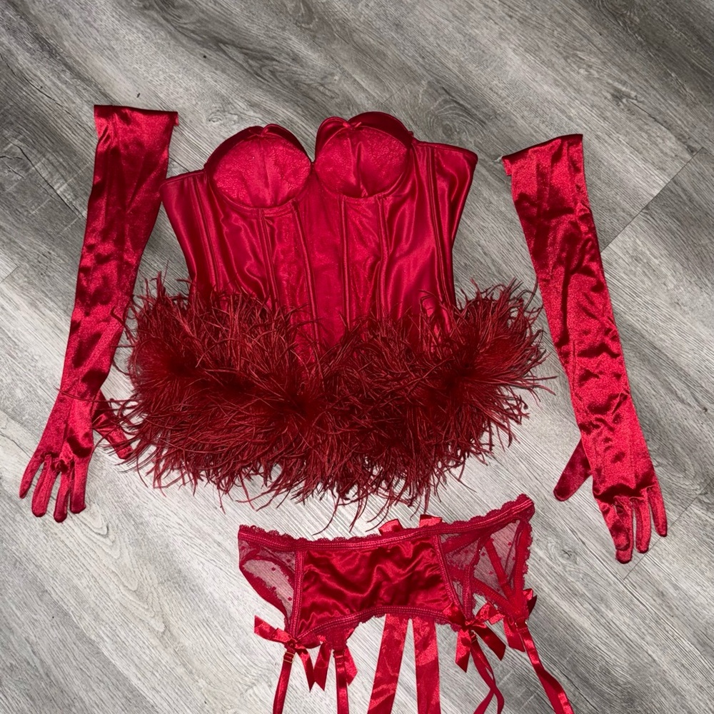 Vintage Red Satin Feather Bustier Set with Gloves